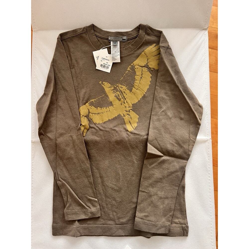 Bonpoint Khaki Green Long Sleeve T-Shirt Eagle Bird 100% Cotton Size 6